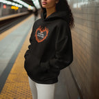 Black unisex hooded hoodie with orange flame logo on chest and kangaroo pocket