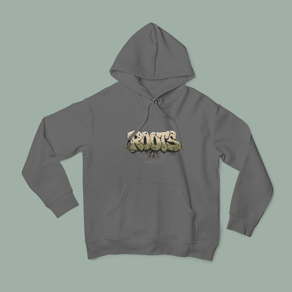 Charcoal gray Roots hoodie with hood, front pouch pocket, and chest graphic print