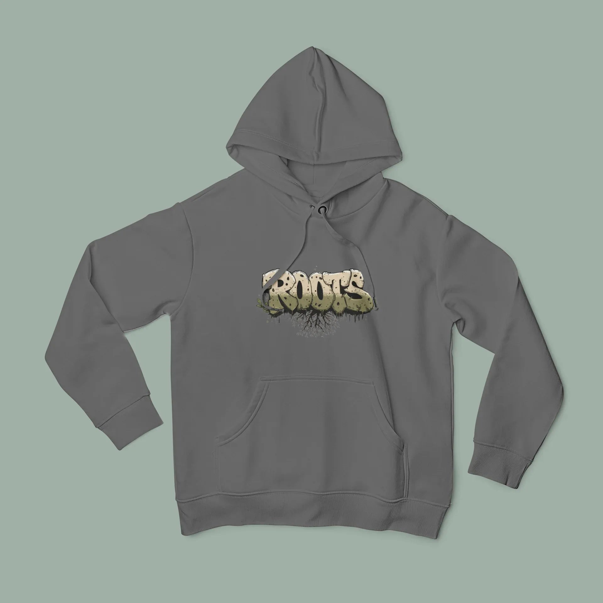 Charcoal gray Roots hoodie with hood, front pouch pocket, and chest graphic print