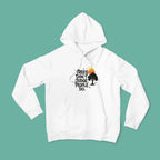 White pullover hoodie with hood and front chest graphic print