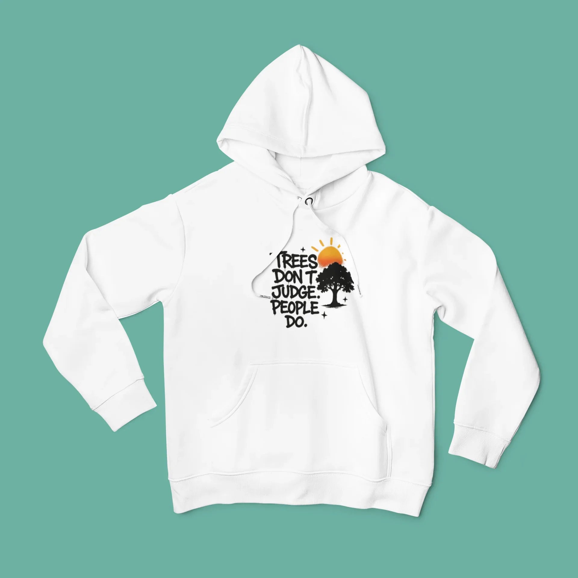 White pullover hoodie with hood and front chest graphic print