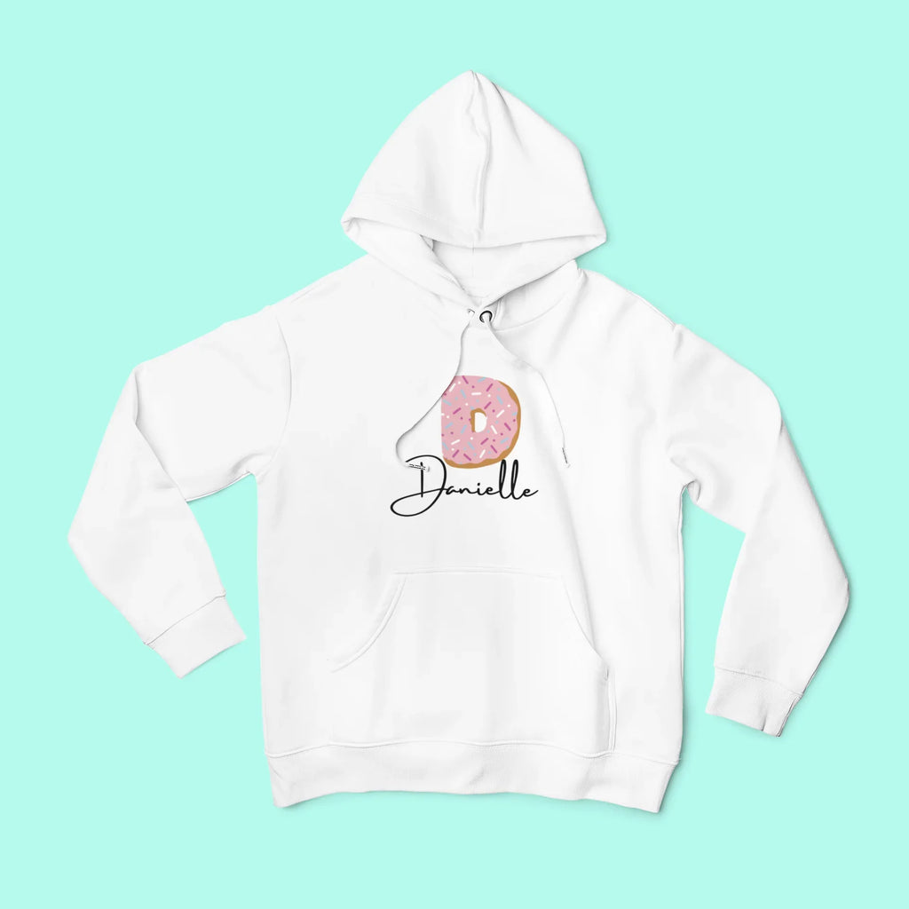 Kids white hoodie sweatshirt with pink donut number graphic and Danielle text