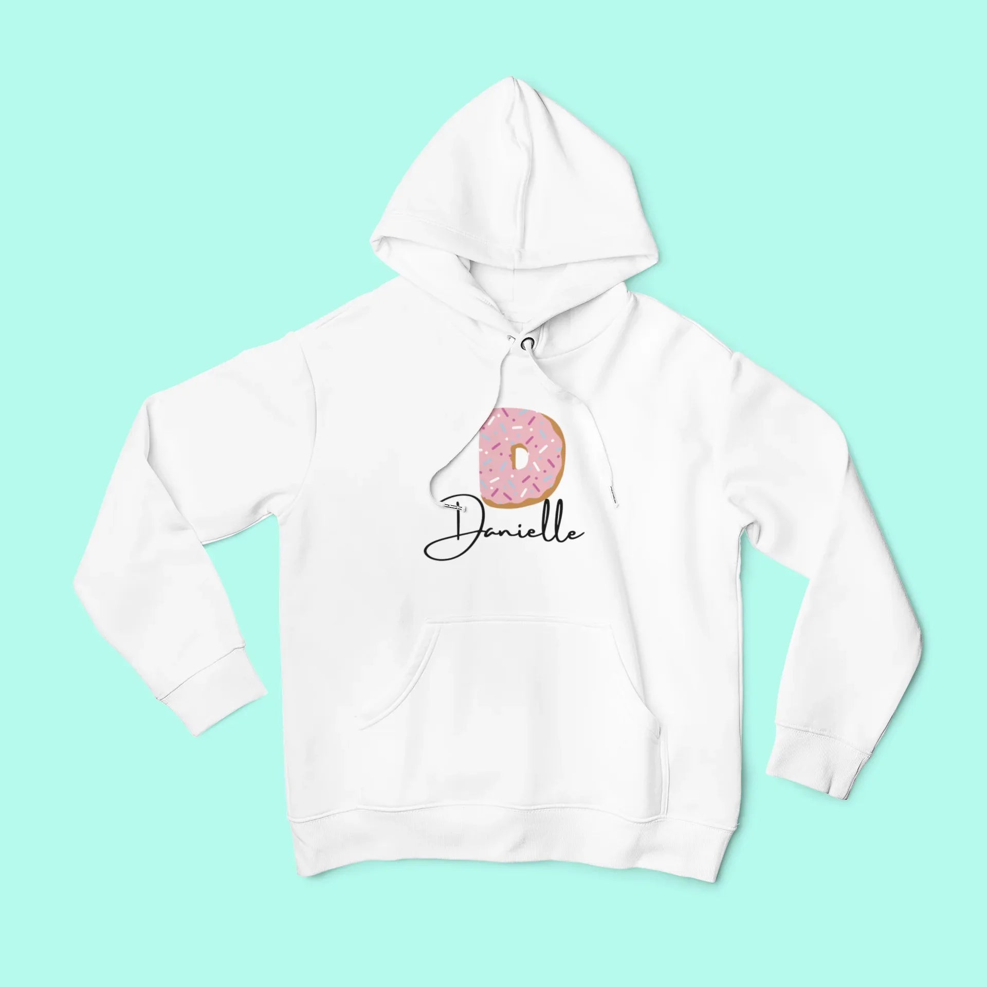 Kids white hoodie sweatshirt with pink donut number graphic and Danielle text