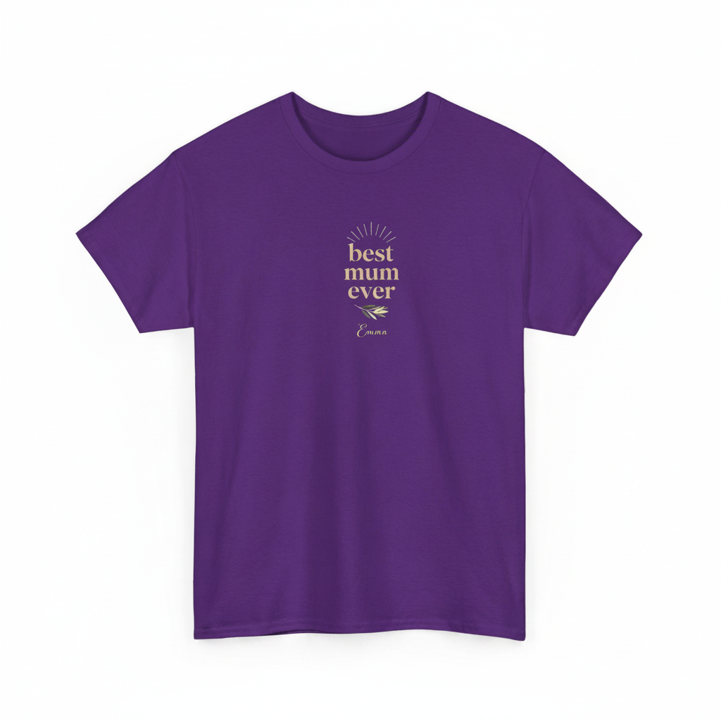 Purple T-shirt with gold "best mum ever" text and small name graphic on chest