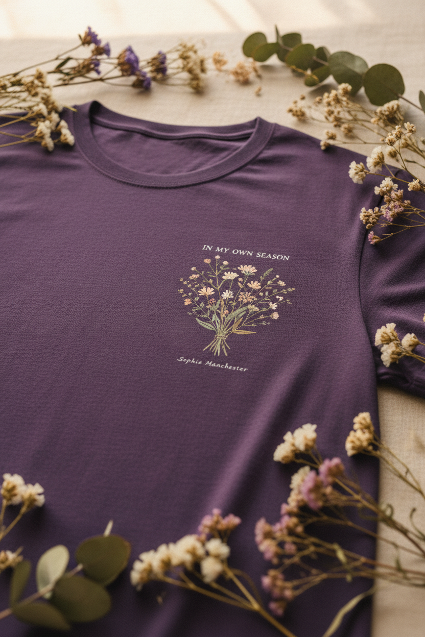 Purple crew-neck t-shirt with small floral bouquet graphic and 'In my own season' slogan