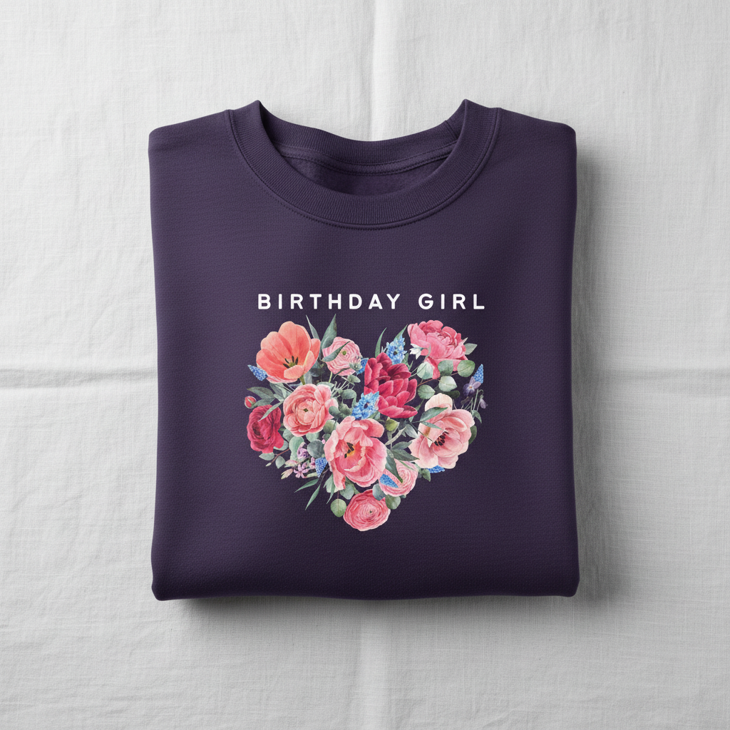 Purple crewneck sweatshirt with floral heart graphic and "BIRTHDAY GIRL" text