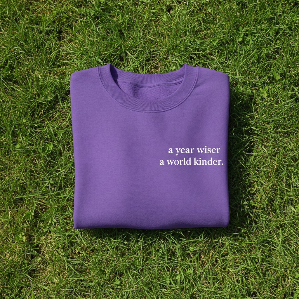 Purple sweatshirt with “a year wiser, a world kinder.” front lettering.