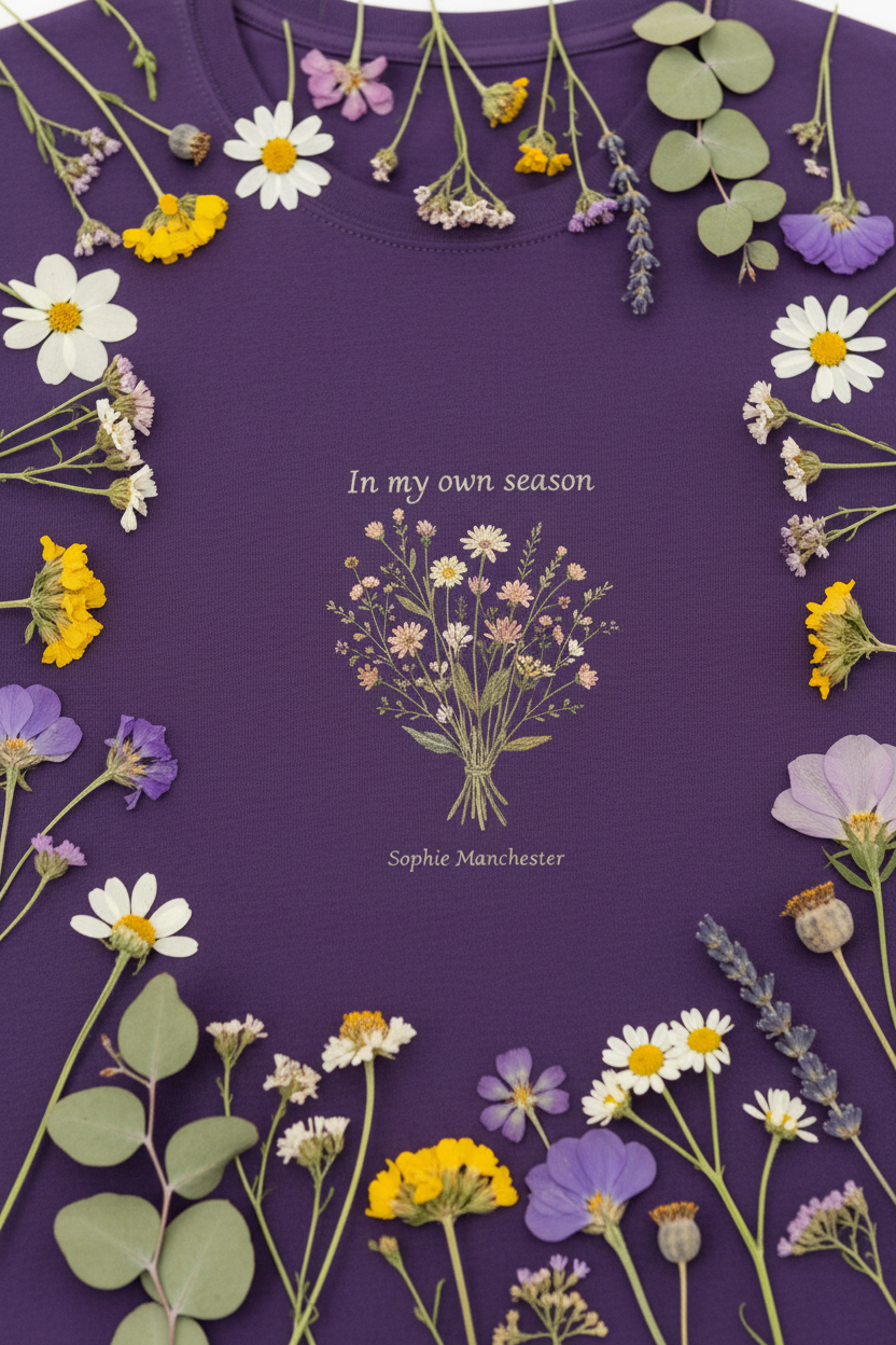 Personalised purple t-shirt close-up with floral border and "In my own season" botanical tree