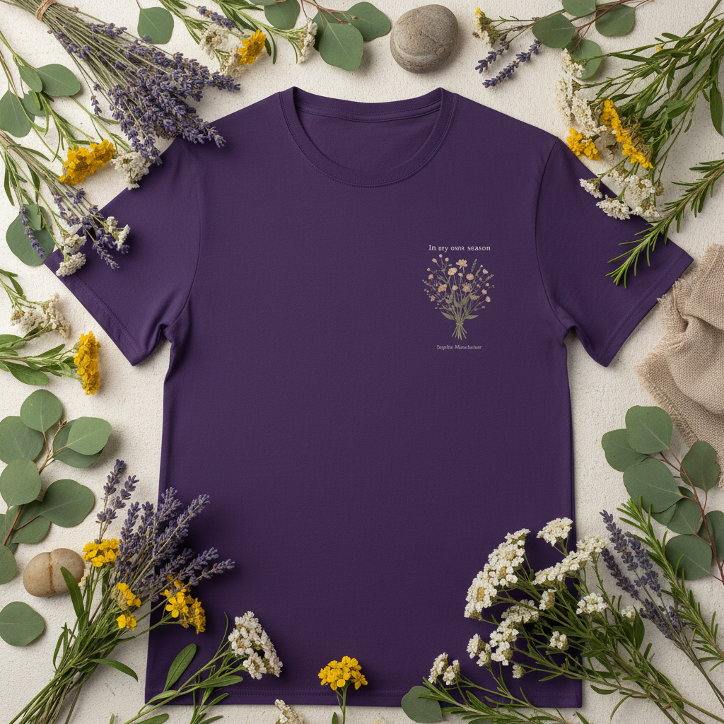 Personalised purple t-shirt with floral border and "In my own season" botanical tree, name shown