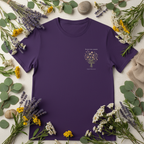Personalised purple t-shirt with floral border and "In my own season" botanical tree, name shown