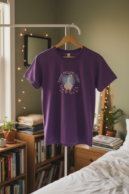 Purple t-shirt on hanger with messy backdrop