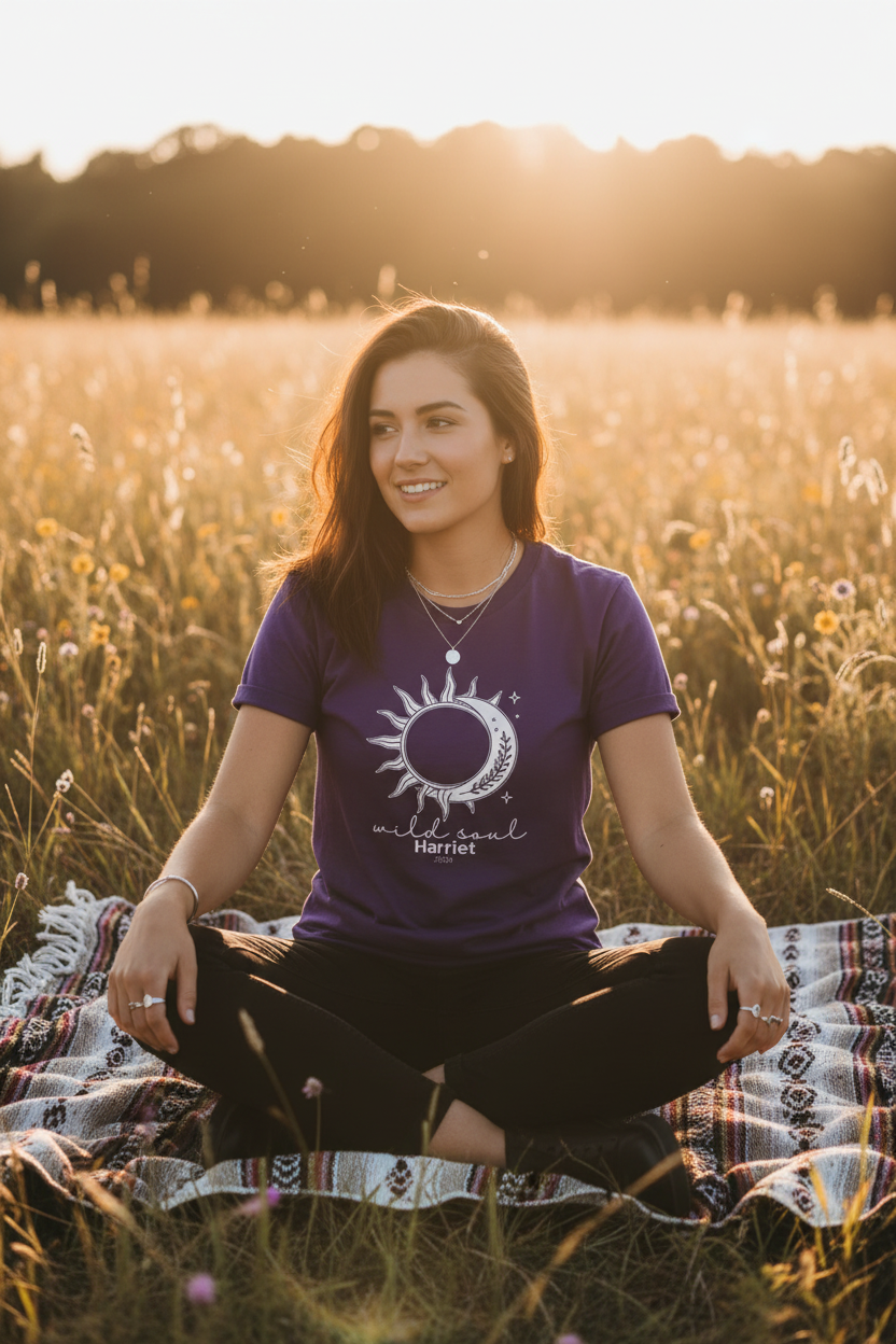 Purple crew-neck t-shirt with sun-and-moon graphic centered on chest
