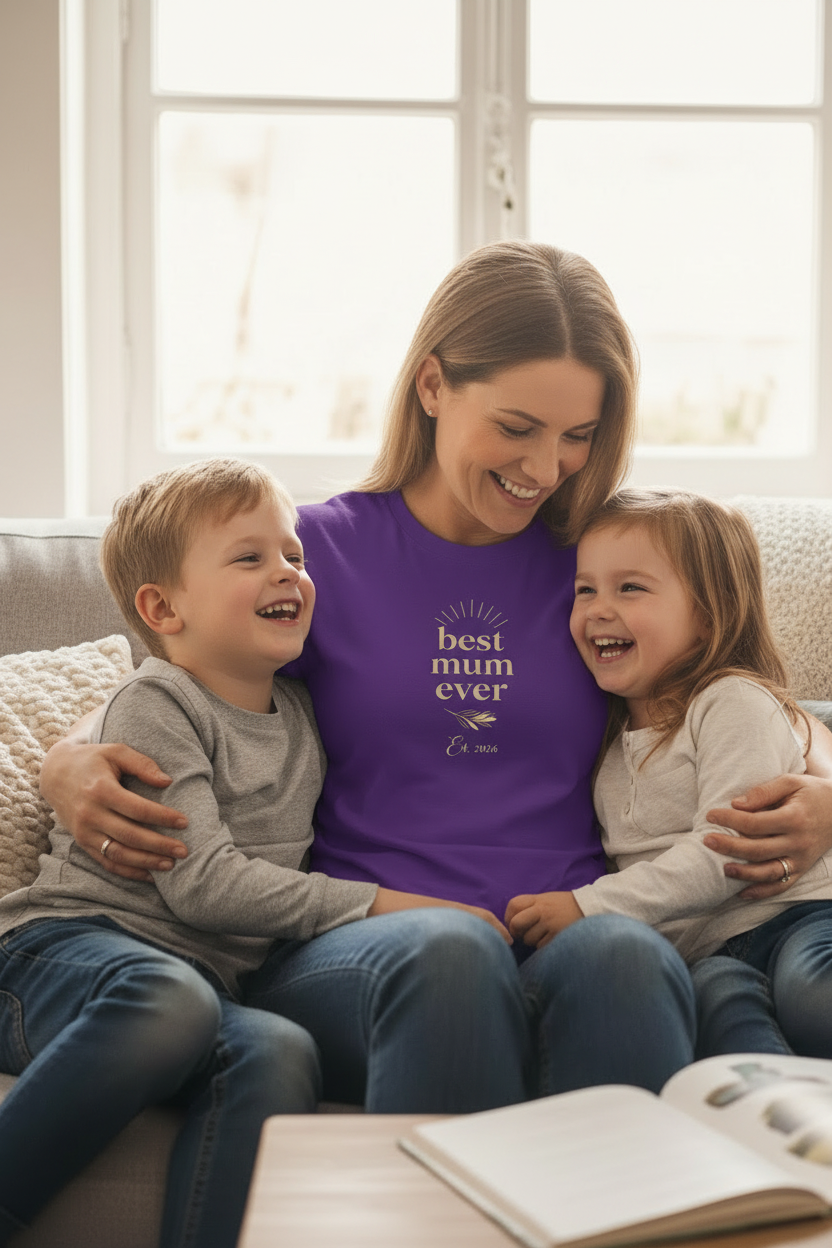 Purple T-shirt worn by woman with gold "best mum ever" and name "Jane" print