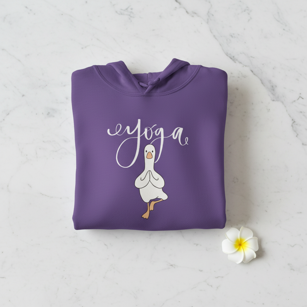 Purple yoga duck pose hoodie with white script and duck graphic