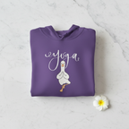 Purple yoga duck pose hoodie with white script and duck graphic