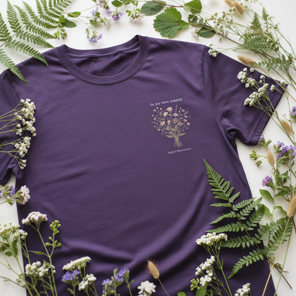 Purple crew-neck t-shirt with centered botanical floral bouquet and 'In my own season' text