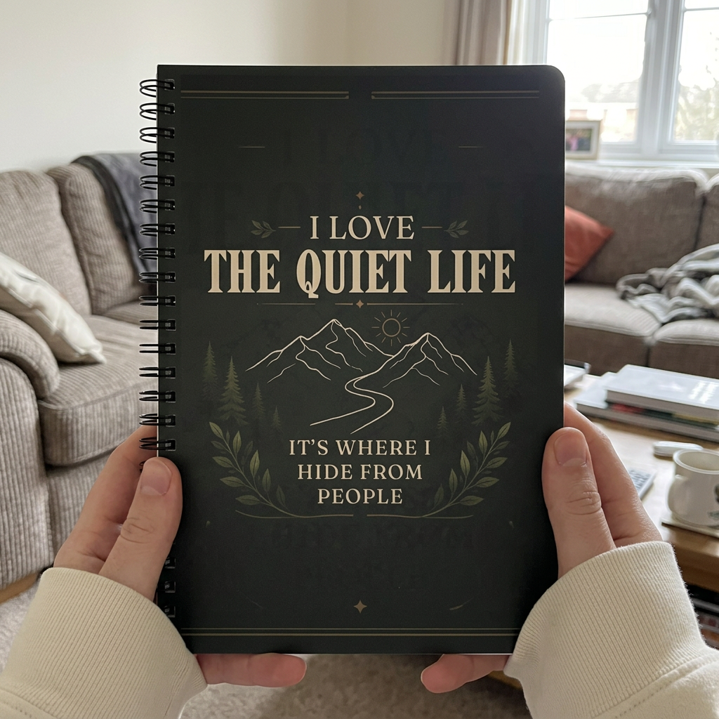Quiet Life notebook held in a British living room
