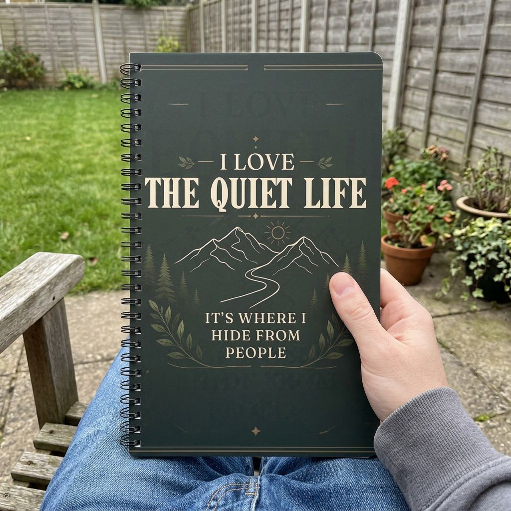 Quiet Life notebook held on a lap in a British garden