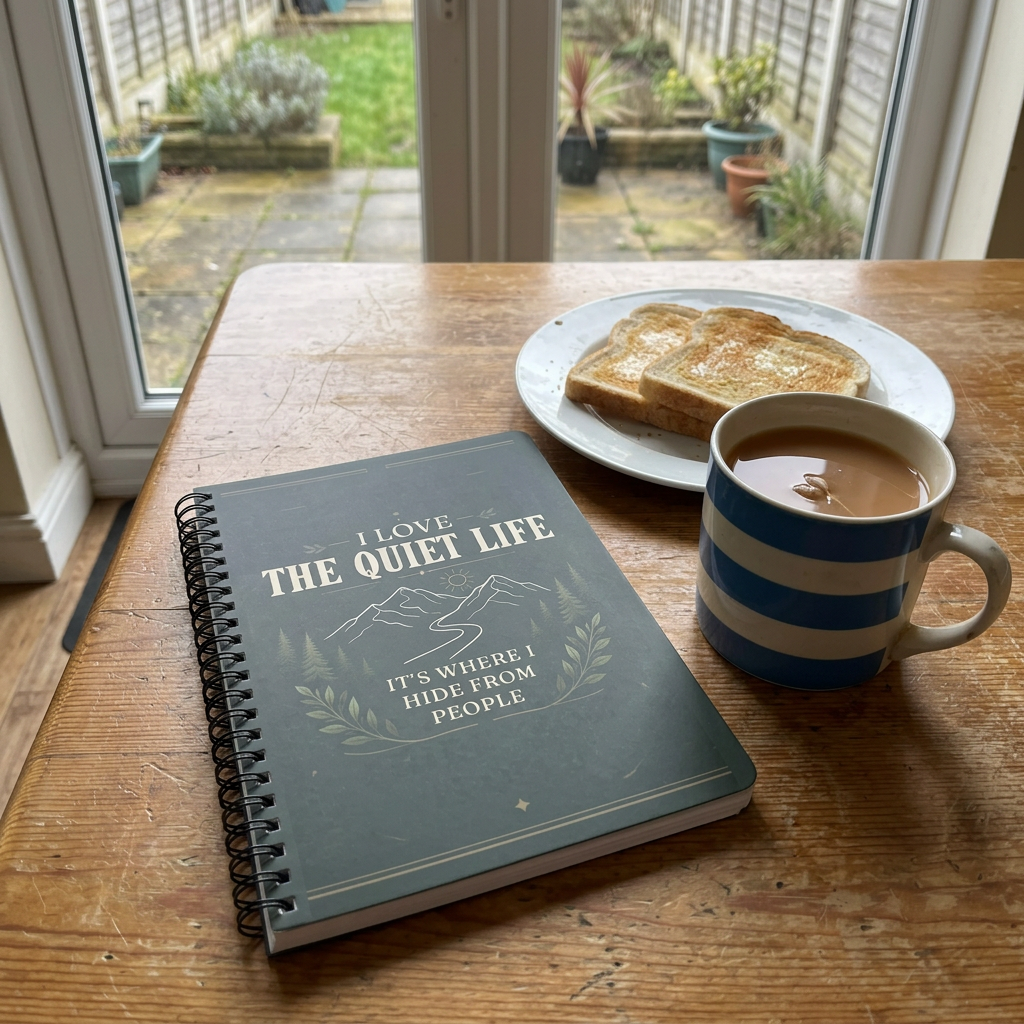 Quiet Life notebook on a British kitchen table
