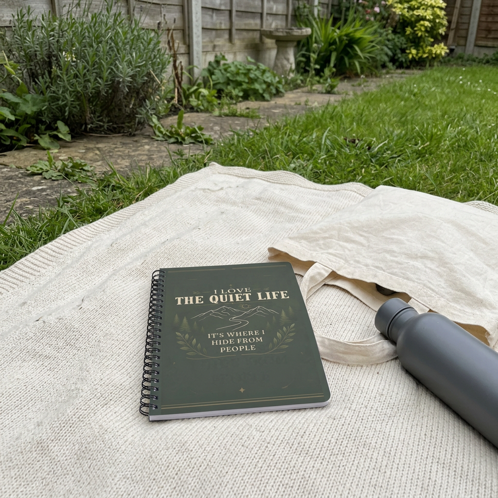 Quiet Life notebook on a garden blanket