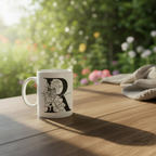 White personalized name mug with black floral design and “Laura”