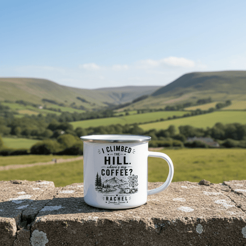 Personalised Enamel Camping Mug — I Climbed the Hill, Where's My Coffee? - AlleyCrafters