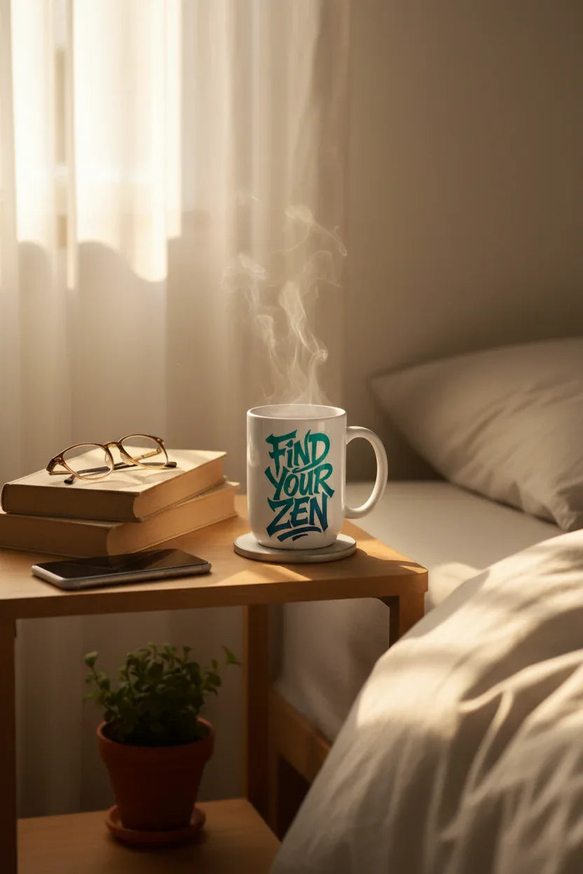White ceramic zen coffee mug with green Find Your Zen text
