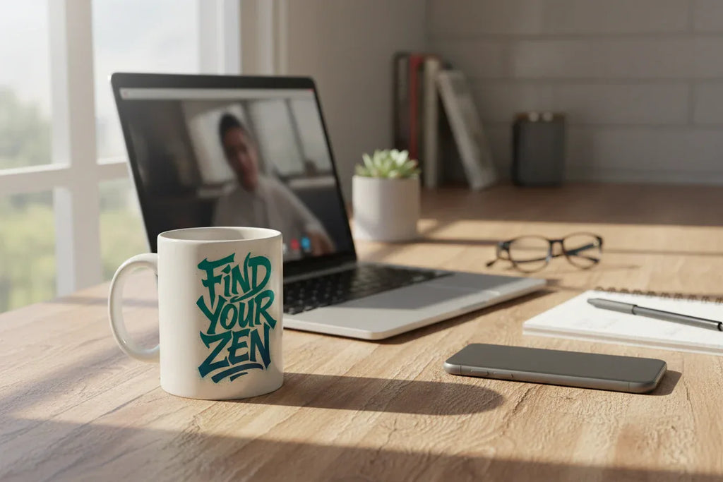 White mug with "Find Your Zen" lettering, on desk near laptop and notebook