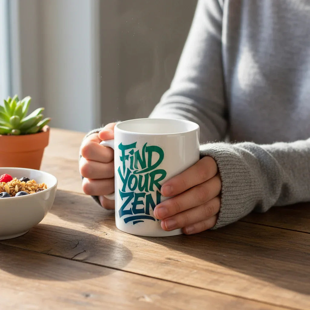 White mug with "Find Your Zen" lettering, held in hands with cozy sweater