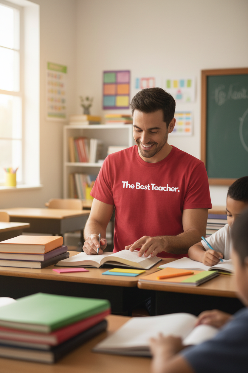 Red unisex T-shirt with front text “The Best Teacher.”