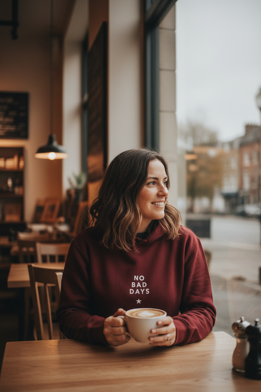 Burgundy "No Bad Days" hoodie with drawstring hood and front pocket