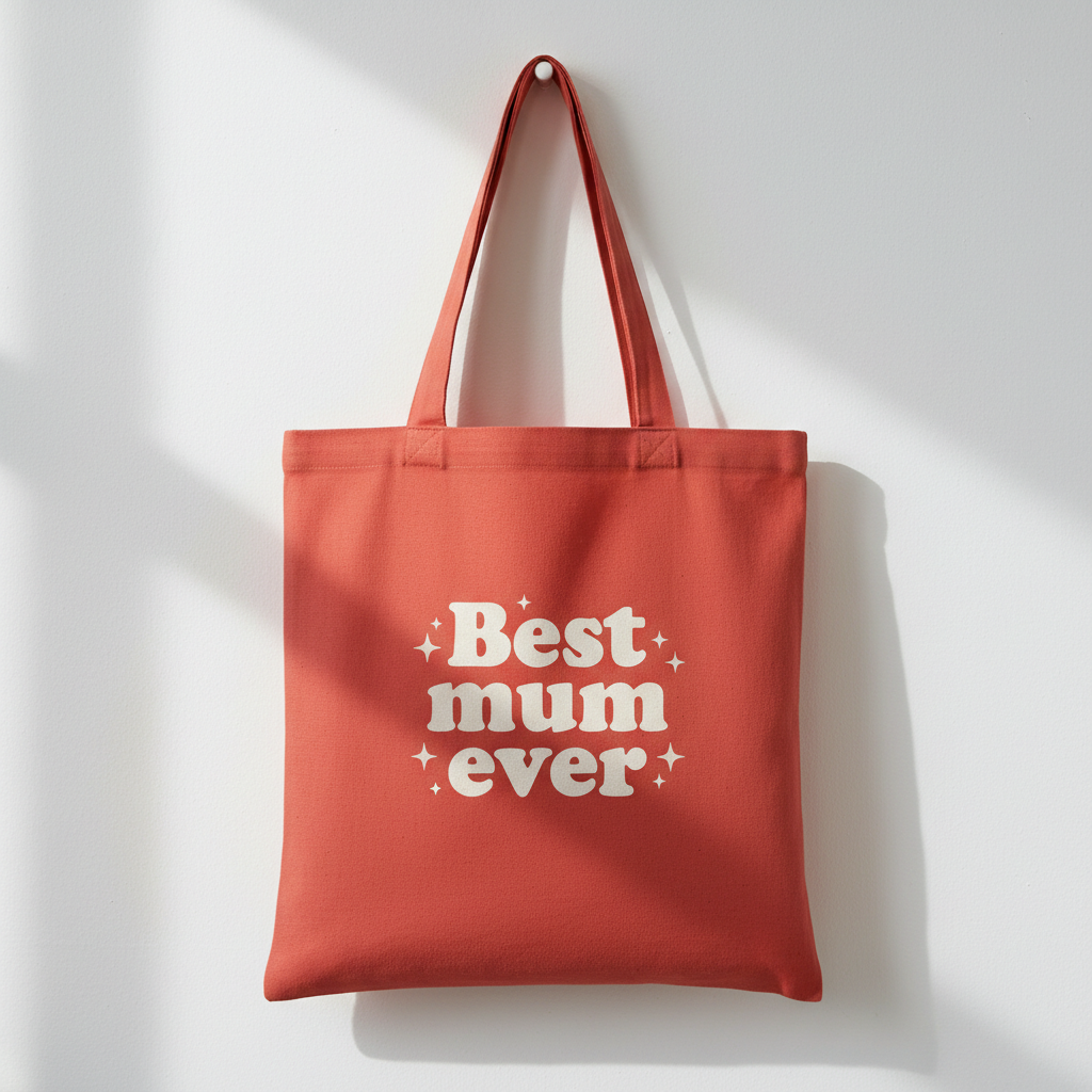 Red mum tote on wall - very small text