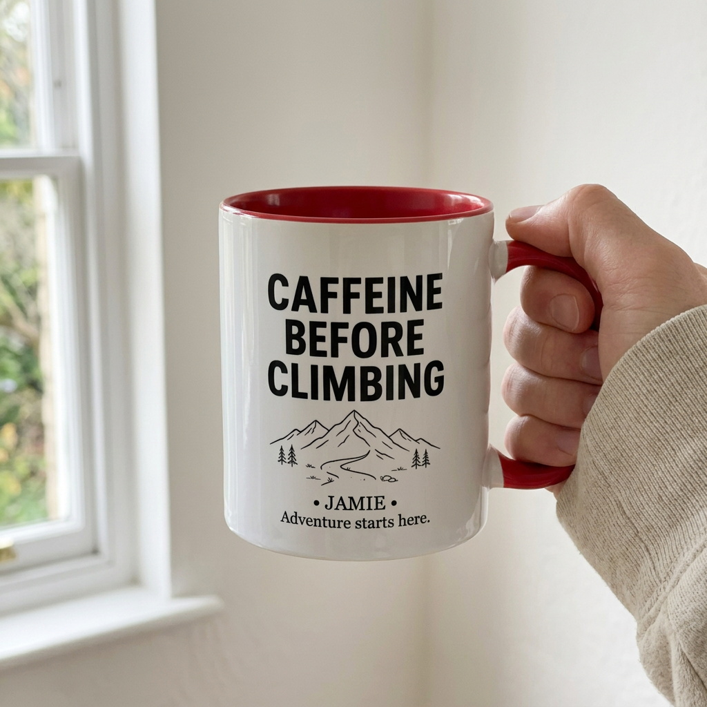 Red-rimmed climbing mug held naturally beside a kitchen window