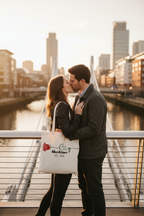 White personalised tote bag with red rose and custom names/date on front