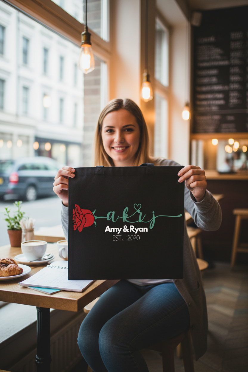 Personalised black tote bag with red rose print and “Amy & Rian” EST. 2020
