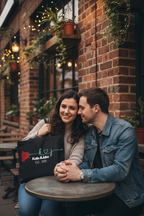 Personalised black tote bag held by couple with red rose print and EST. 2025