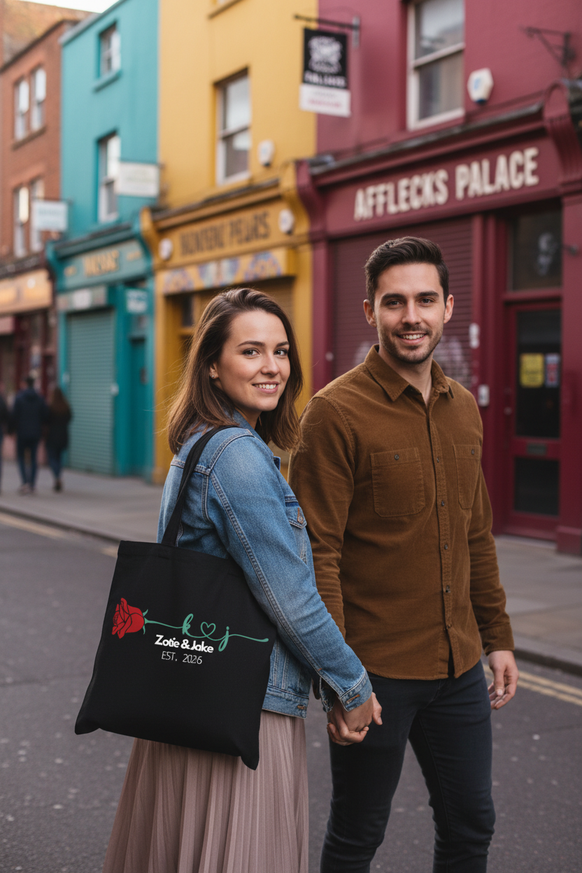 Black tote bag with red rose logo and custom names/date embroidery