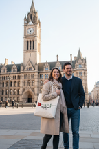 Personalised cream tote bag with red rose print and couple names, “EST. 2024”