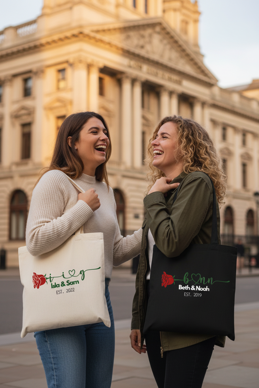 White personalised tote bag with red rose design and custom names/date