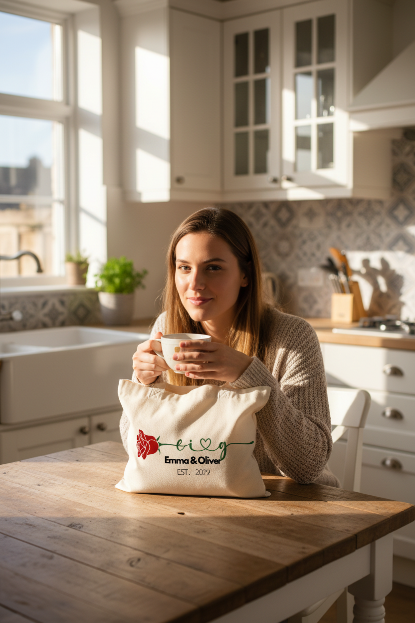 Personalised tote bag in cream with red rose print and “Emma & Oliver” EST. 2022