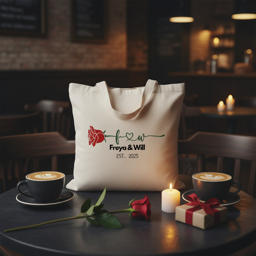 Personalised cream tote bag on table with red rose print and “Freya & Will” EST. 2025