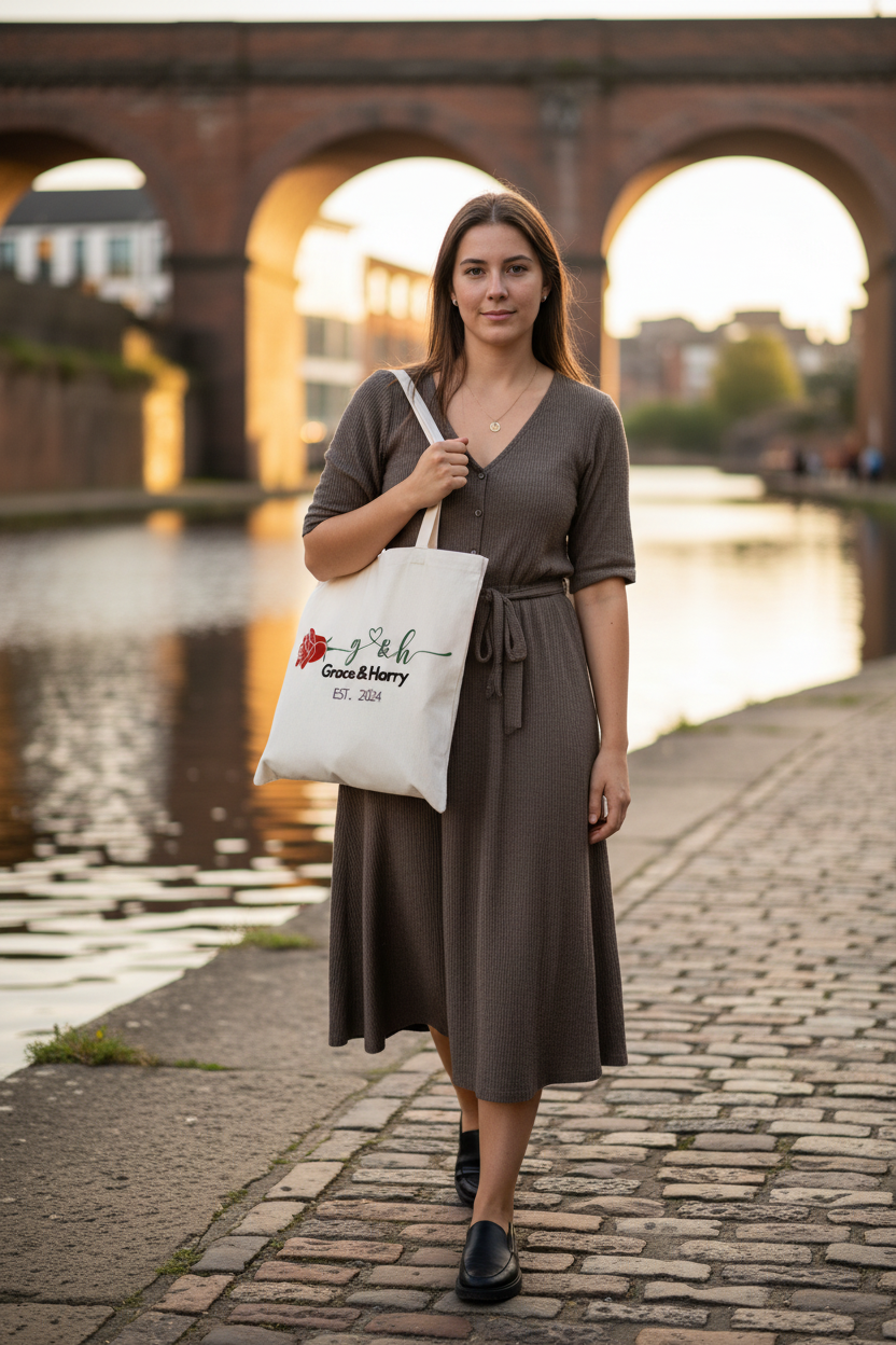 Personalised cream tote bag with red rose and name design, “EST. 2024”