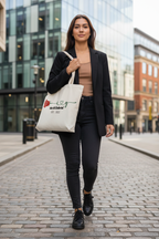 White tote bag with red rose and handwritten-style custom names/date