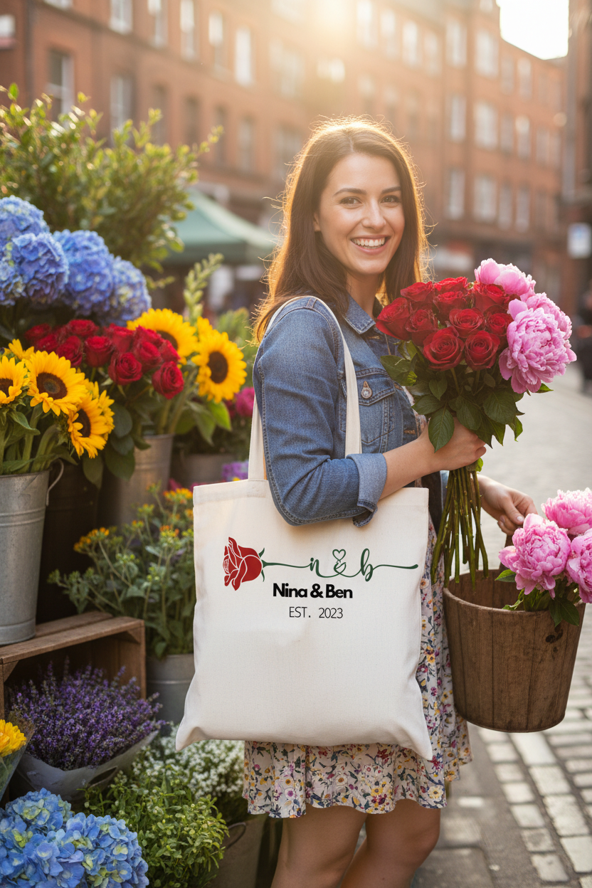 Personalised cream tote bag with red rose print and “Nina & Ben” EST. 2023