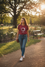 Cardinal red crew-neck t-shirt with sun-and-moon graphic and text