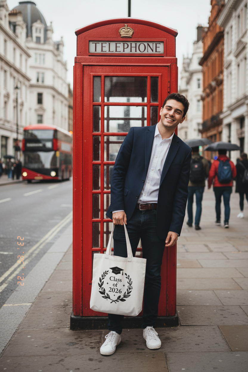 White graduation tote bag with 'Class of 2026' crest graphic