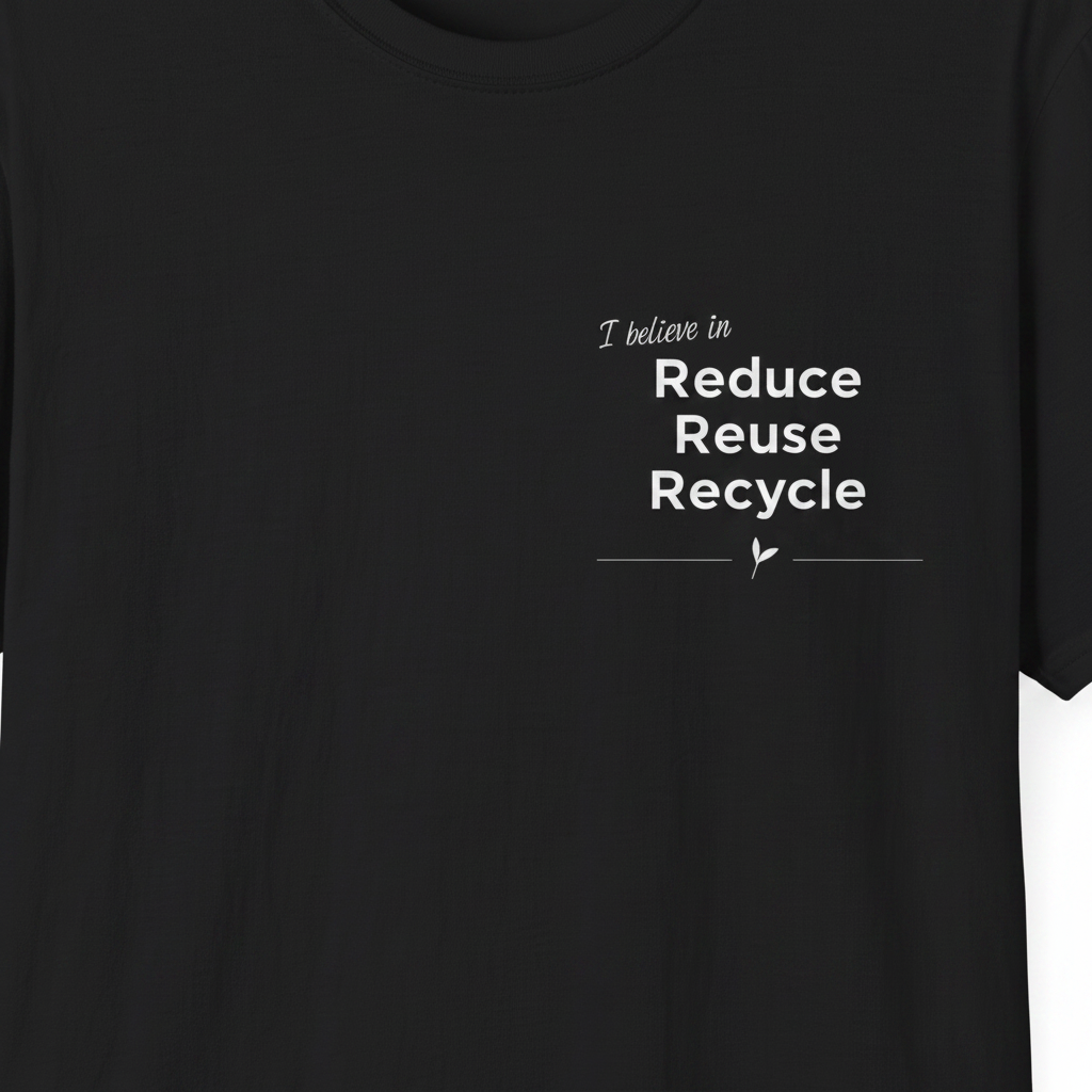 Unisex black T-shirt closeup with 'I believe in Reduce Reuse Recycle' print
