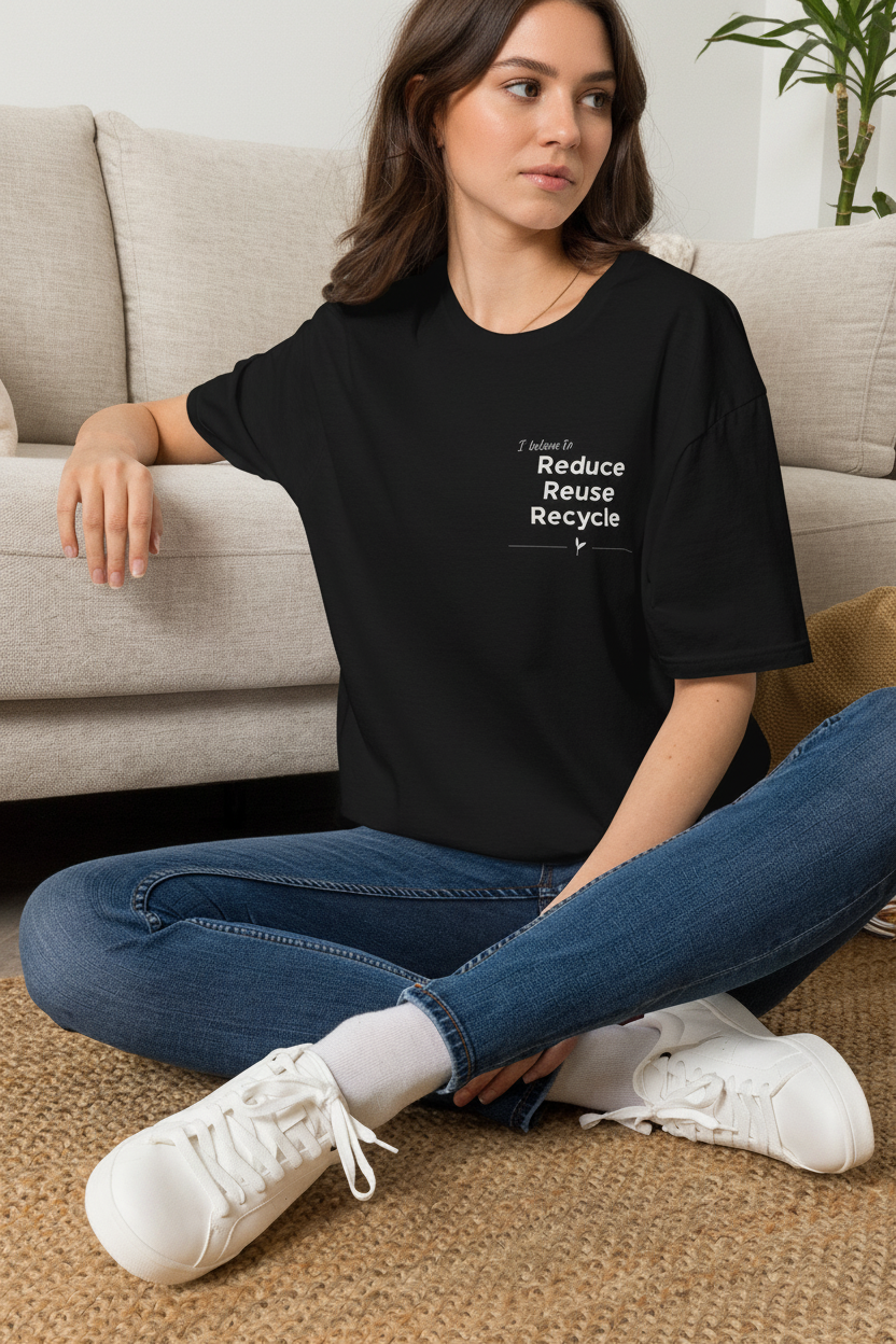 Unisex black T-shirt with 'Reduce Reuse Recycle' chest print