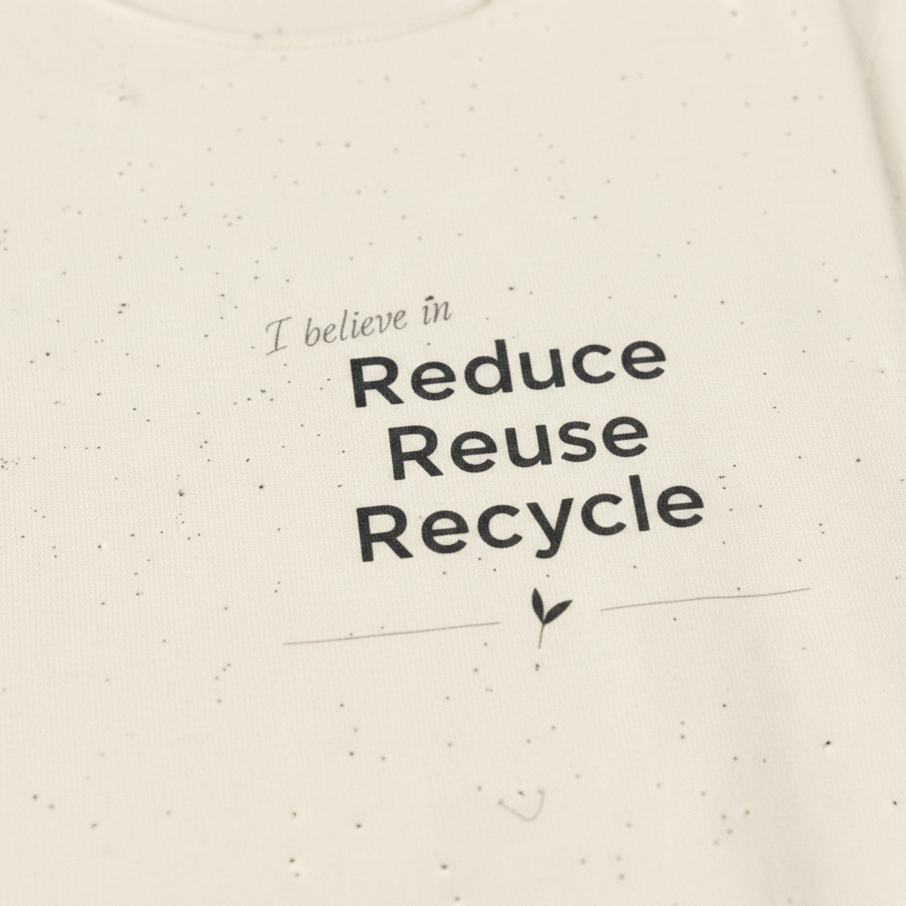 Cream T-shirt with “I believe in Reduce Reuse Recycle” graphic print