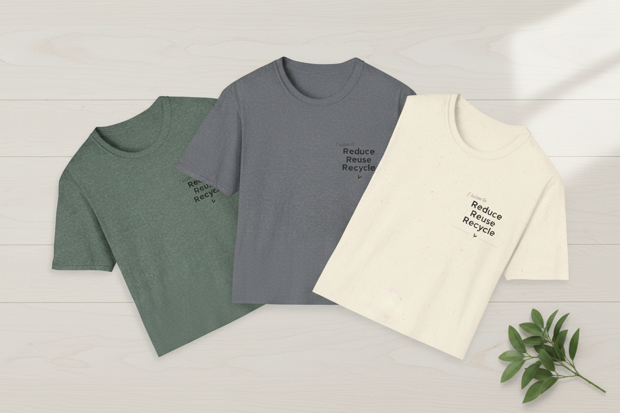 Unisex T-shirts in dark green, gray, and natural with Reduce Reuse Recycle print